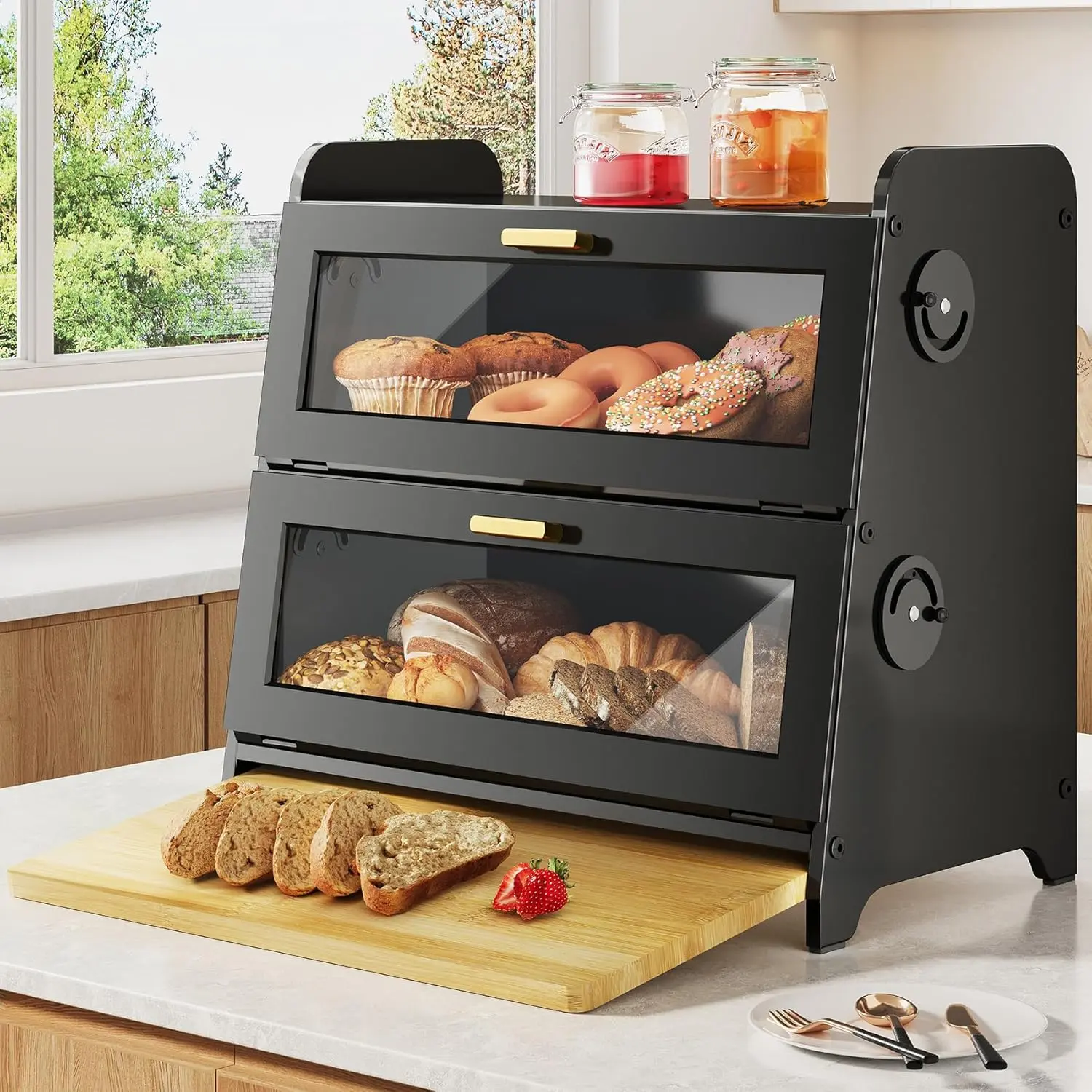 SNTD Sturdy Metal Bread Box with Fresh-Check Window, Airtight Adjustable Vent Dials, Odor-Free Bamboo Cutting Board - Wooden Kitchen Countertop Food Storage Container for Daily Use Utensils