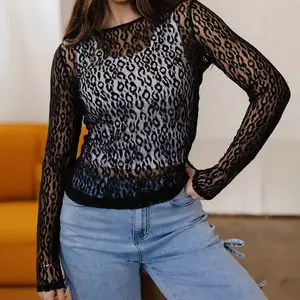 Women's Leopard Print Sheer Mesh Longsleeve Round Neck See-Through Casual Blouse, Stylish Cheetah Print Shirts for Everyday Wear, Trendy Womenswear Clothes