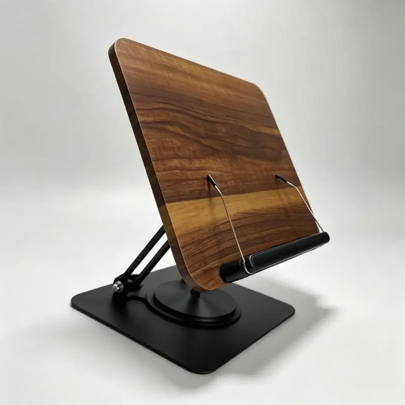 360° Rotating Book Stand, Height & Angle Adjustable Reading Holder, Black Walnut Desktop Book Holder with Foldable Bookends for Book, Cookbook, Tablet