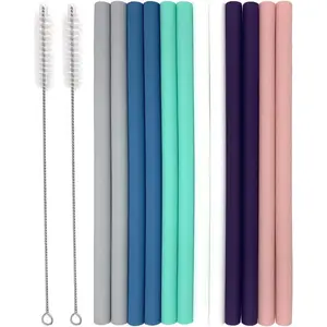 Set of 12 Silicone Drinking Straws for 30oz and 20oz - Reusable Silicone Straws BPA Free Extra Long with Cleaning Brushes- 12 Straight- 8mm diameter