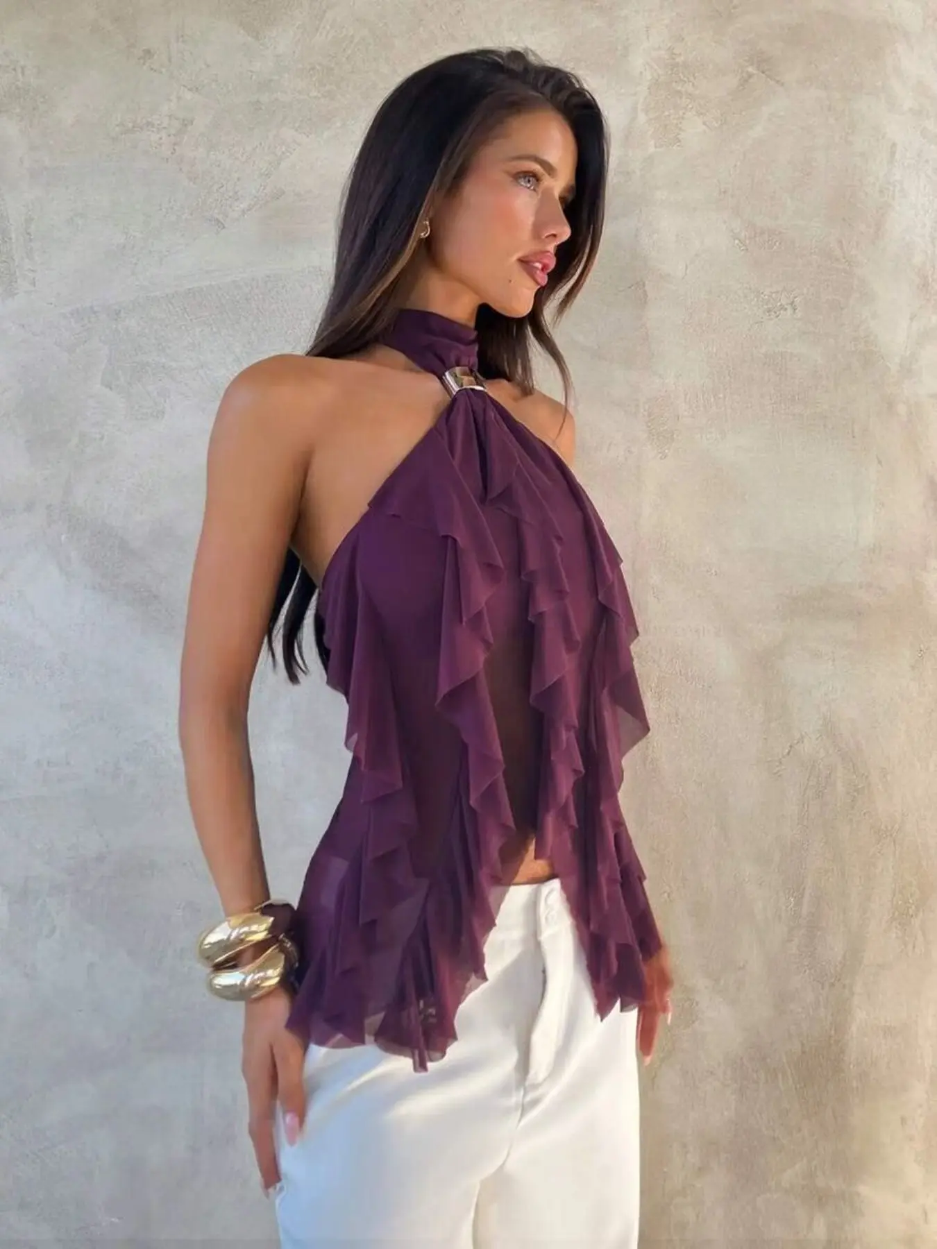 Women's Elegant Fitted Sleeveless Multi-Layer Ruffle Ruched Halter Neck Stand Collar Tight Vest Top, Show Figure, Elegance, Fashion, Sexiness, Womenswear, Halter Crop Top, Bodycon Camisole, Cami Tank Tops
