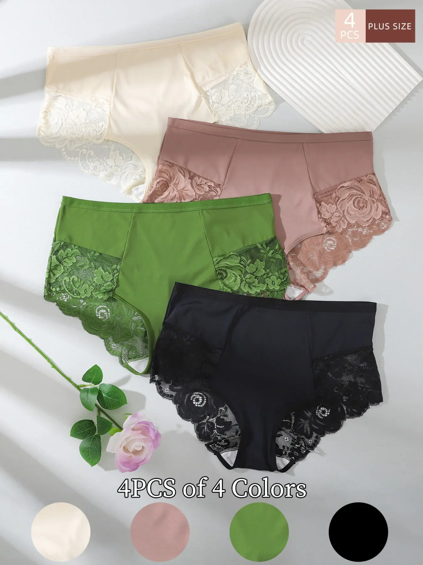 4 Pcs Plus Size Womenswear High Waist Fitted Lace Panties, Elegance Colorblock Rose Lace Trim, Tummy Control Butt Lifting Breathable Triangle Underwear, Sexy Shaping Bra, Belly Control Underwear