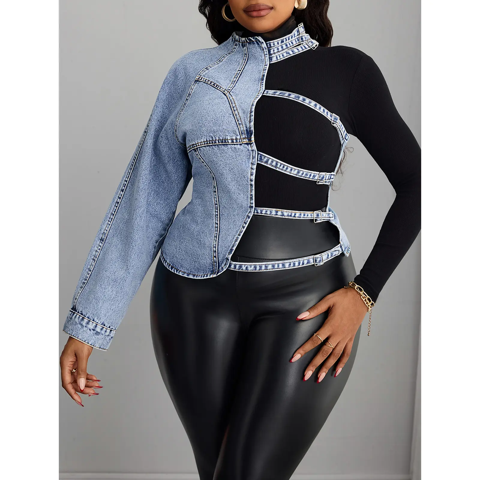 Women's Plus Size Light Long Sleeve Casual Denim Coat - Patchwork Design, Asymmetric Irregular 1-Shoulder Short Style with Strap
