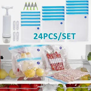 24Pcs Vacuum Zip Reusable Sealer Bag Hand Pump Kitchen Food Saver Storage Bags with Various Sizes and Clips for Versatile Use
