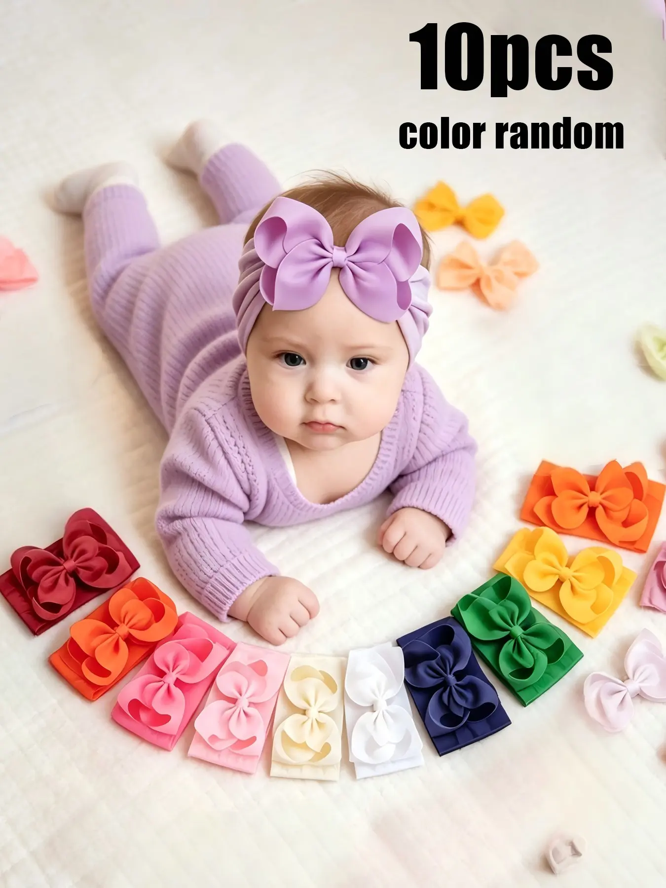 10pcs baby bow hair clips and headbands, 5-inch high elastic soft headwear, suitable for newborns and toddlers, cute baptism gift, elastic hair accessories, big bow for babies, Newborn Headband Bows