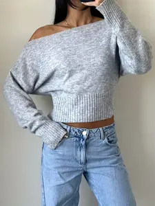 Women's One Shoulder Off-Shoulder Long Sleeve Short Soft Knit Sweater Cropped, Y2K Style, Spring & Fall, Casual Party Wear, Daily