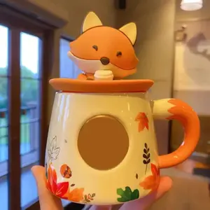New autumn cute maple leaf forest autumn rabbit cute fox squirrel acorn ceramic mug with Lids