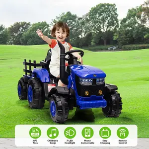 GARVEE 12V Battery-Powered Kids' Ride-On Tractor for Kids Outdoor Play - Remote Control, Detachable Wagon, 35W Dual Motors, Bluetooth Audio, 3-Gear Shift, Safety Belt, 7 LED Lights (Blue)
