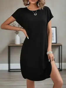 Solid color elegant round neck hem slit dress, shirt curved hem T-shirt dress, women's clothing, Casual, Fitted