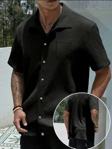 Men's Plain Textured Waffle Knit Short-Sleeve Cuban Collar Button-Down Shirt - Beige Breathable Lightweight Camp Top with Pocket for Vacation, Daily Wear, Business Casual