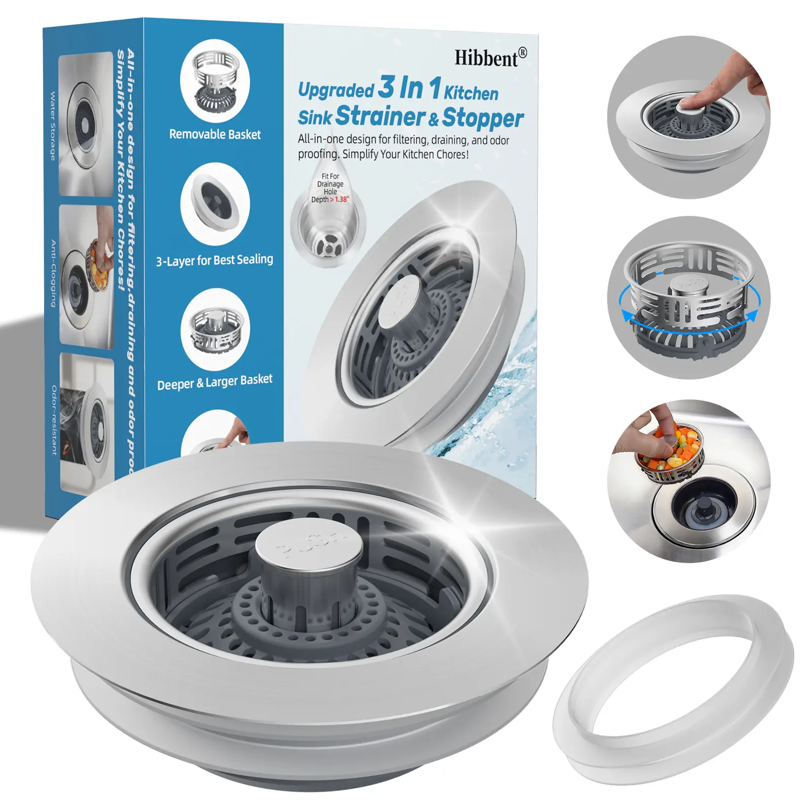 Hibbent Upgraded 3 in 1 Kitchen Sink Drain Strainer, Stainless Steel Pop Up Sink Stopper, Larger Anti-Clogging Basket, 3-Layer Seal, Detachable Drain Plug for US Standard 3-1/2" Drain, Matte Black,summervibes