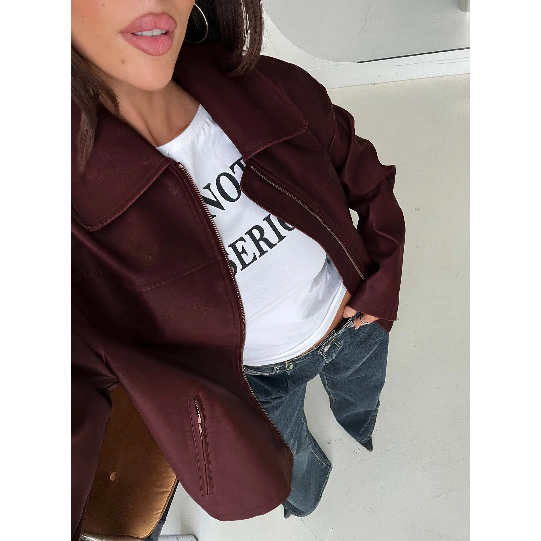 Napoleon Faux Leather Jacket Burgundy