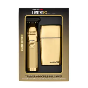 BaBylissPRO LimitedFX Gold Trimmer & Double Foil Shaver Combo FXDUOFS2TG – Professional Grooming Set