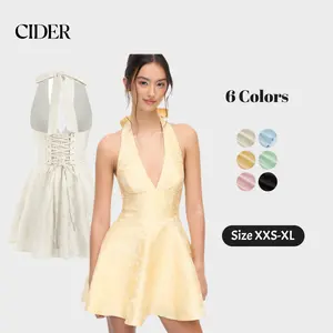 Cider Jacquard Sculptural Halter V-neck Lace Up Backless Ruffle Mini Dress SwimWeek