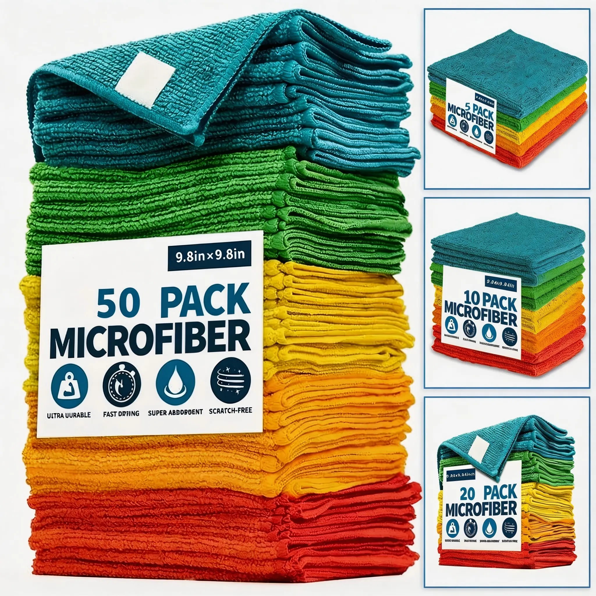 Ultra Absorbent Quick-Dry Microfiber Cleaning Cloths, Soft Cleaning Towel, 5/10/20/50pcs, 9.84x9.84in, Scratch-Free, Multipurpose Cleaning Cloths, Ideal for Kitchen & Bathroom, Durable & Vibrant Colors, Super Absorbent Reusable, Reusable Towels