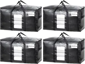TAILI Extra Large Moving Bags, 4 Pack Black Heavy Duty Totes For Storage with Visible Window, Wrap Around Handles, Storage Bags for Space Saving, Alternative to Moving Boxes