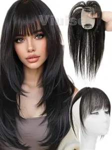 Clip In Hair Topper with Bangs for Women - Ombre/Highlight Straight Real Human Hair Clip-In Extensions, Hairpiece,5x9cm,Adds Volume & Length,Thinning Hair Increase hair volume & Covering white hair,Styling With Bangs,Covering White Hair