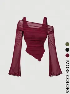 1 Spring Summer Off Shoulder Mesh Crop Top Women | Burgundy Ruched Waist Flared Long Sleeve Asymmetric Top | Y2K Baddie Coquette Style for Date Night Club Party Going Out Wear Shirts Womenswear