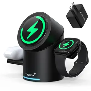 ZEEHOO CylinTrick-R  3in1 Magnetic Wireless Charging Station with 30W Charger: All-in-One Charger for iPhone 16 Pro 15 14 13 , Apple Watch, AirPods, 15W Qi2 Fast Charging, Space-Saving & Portable, Electronics Accessories for Smartphone & Cellphone, 15W Sp