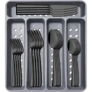 21-Piece Modern Black Stainless Steel Silverware Set with Organizer Tray, Heavy Duty Cutlery Utensil Flatware Set for 4, Include Knives Forks Spoons, Dishwasher Safe