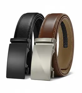 Men's Ratchet Belt Pack of 2 - 1 Black & 1 Dark Brown - Leather Adjustable Belts with Automatic Buckle - Dress Belts for Comfort