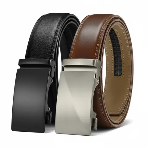Men's 2-Pack Alloy Ratchet Belts - 1 Black, 1 Dark Brown - Leather, Casual, Automatic Buckle, Adjustable,Dress Belts for Comfort