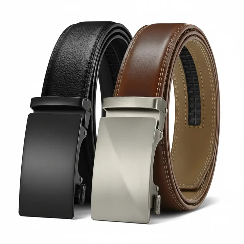Men's 2-Pack Alloy Ratchet Belts - 1 Black, 1 Dark Brown - Leather, Casual, Automatic Buckle, Adjustable,Dress Belts for Comfort