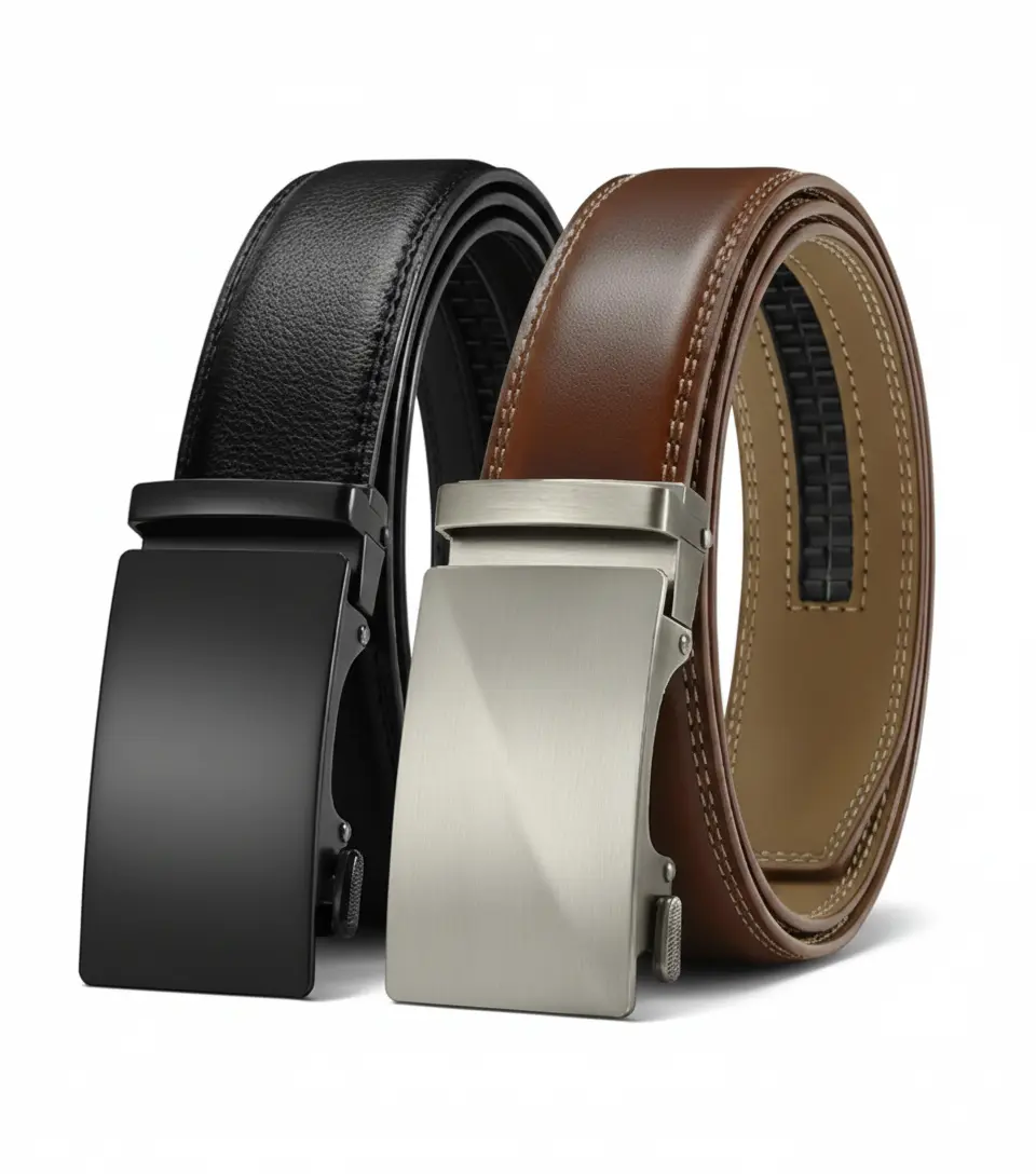 Men's Ratchet Belt Pack of 2 - 1 Black & 1 Dark Brown - Leather Adjustable Belts with Automatic Buckle - Dress Belts for Comfort