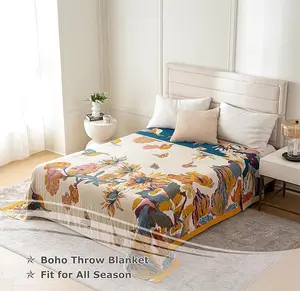 Boho Throw Blanket - 100% Cotton Ultra Soft Bed Throw Large - Fall Blanket Floral Bird and Butterfly Farmhouse Decor Bed Blankets,60"×80" All Season Blanket for Sofa Couch Chair