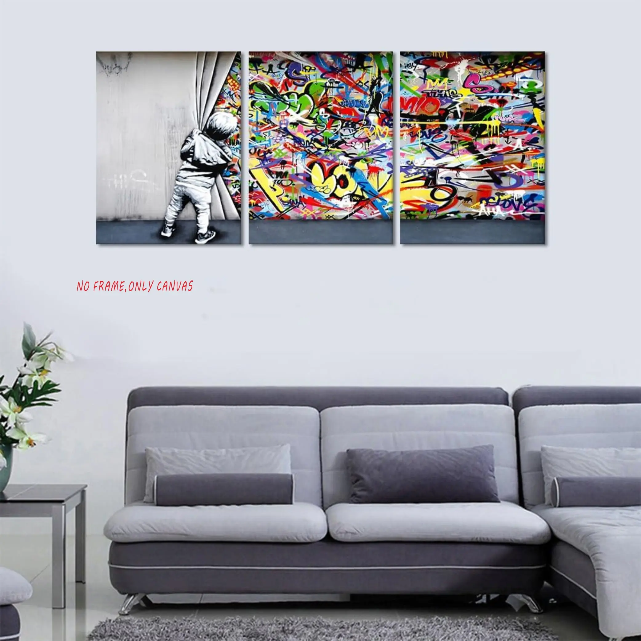 3-Piece Set, Banksy Graffiti Wall Art “Behind the Scenes” Poster, Canvas Print, Unframed Art Print, Vibrant Graffiti Artwork, Printed Decor, Living Room Modern Home Decor, Frameless