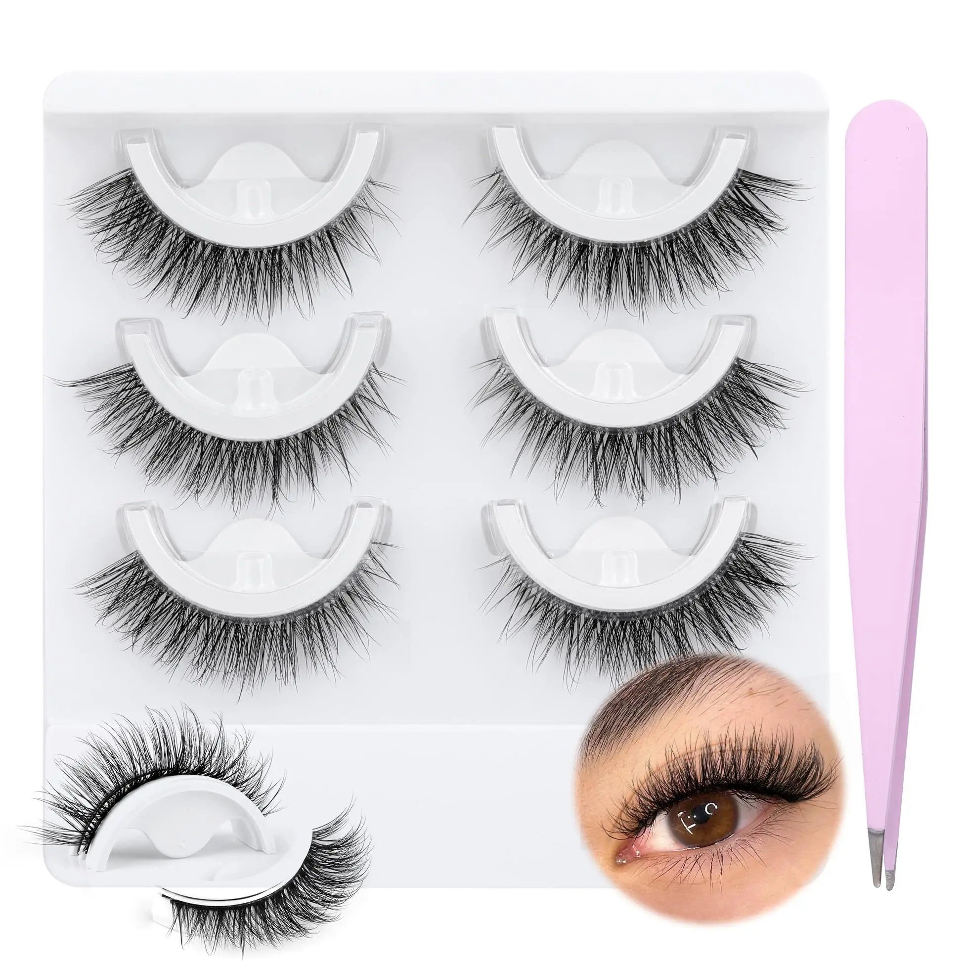 Self Adhesive Eyelashes No Glue Needed False Lashes Natural Look Lash Extensions Reuseable Self Adhesive Lashes Wispy Lashes with Tweezer 3 Pairs Pack