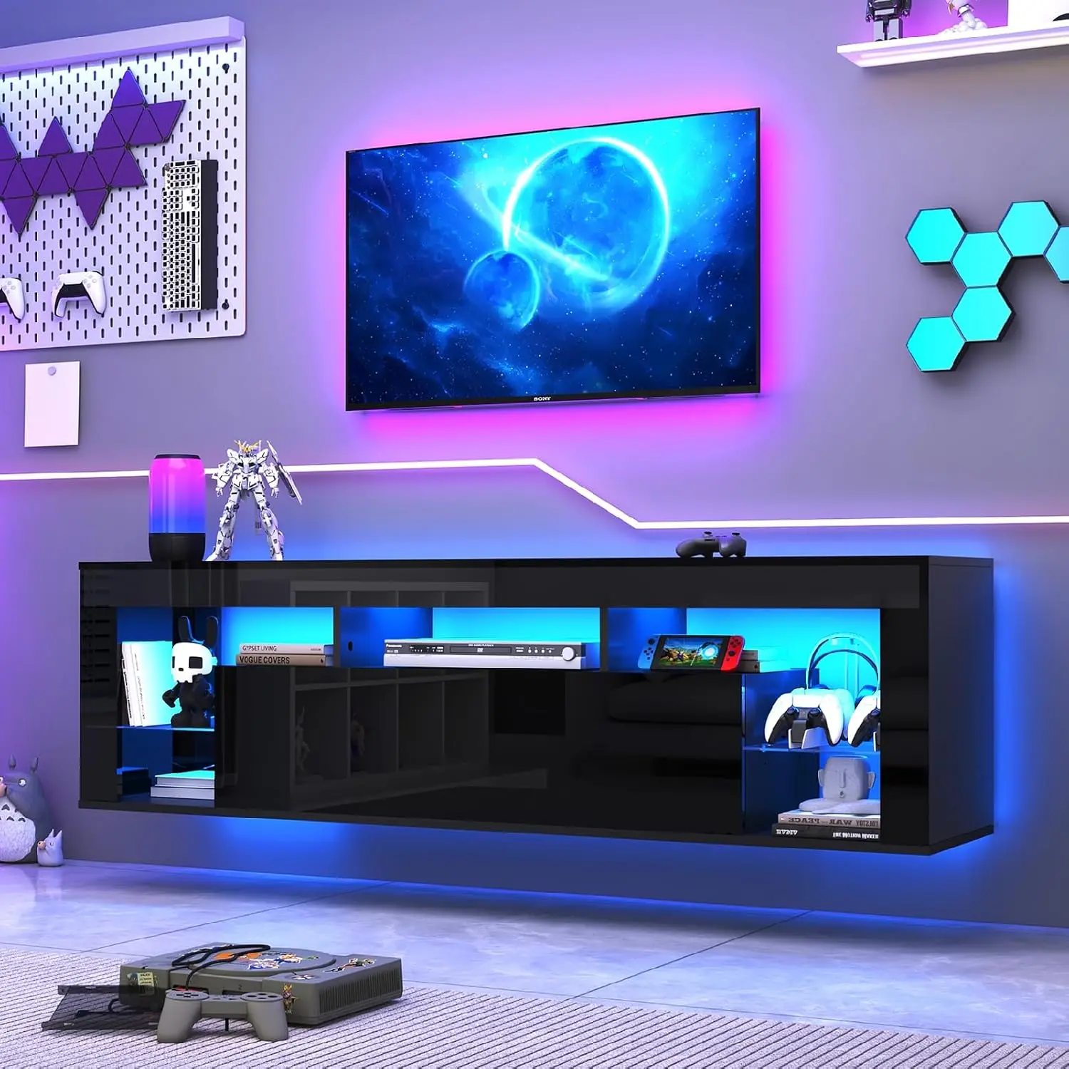 63 inch Floating TV Stand Wall Mounted, High Gloss LED Floating Entertainment Center with Storage&Adjustable Glass Shelf, TV Stand for TVs up to 70", Gaming Media Center Console Table with Lights (Black)