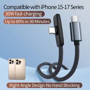 30W Right Angle Cable for iPhone 15/16/17 Pro Max iPad & MacBook Series PD Type-C Charger 90 Degree Gaming Cord No Hand Blocking Durable Braided Data Power C to C Cable USB-C to USB-C - Cellphone Gaming Charging Cable