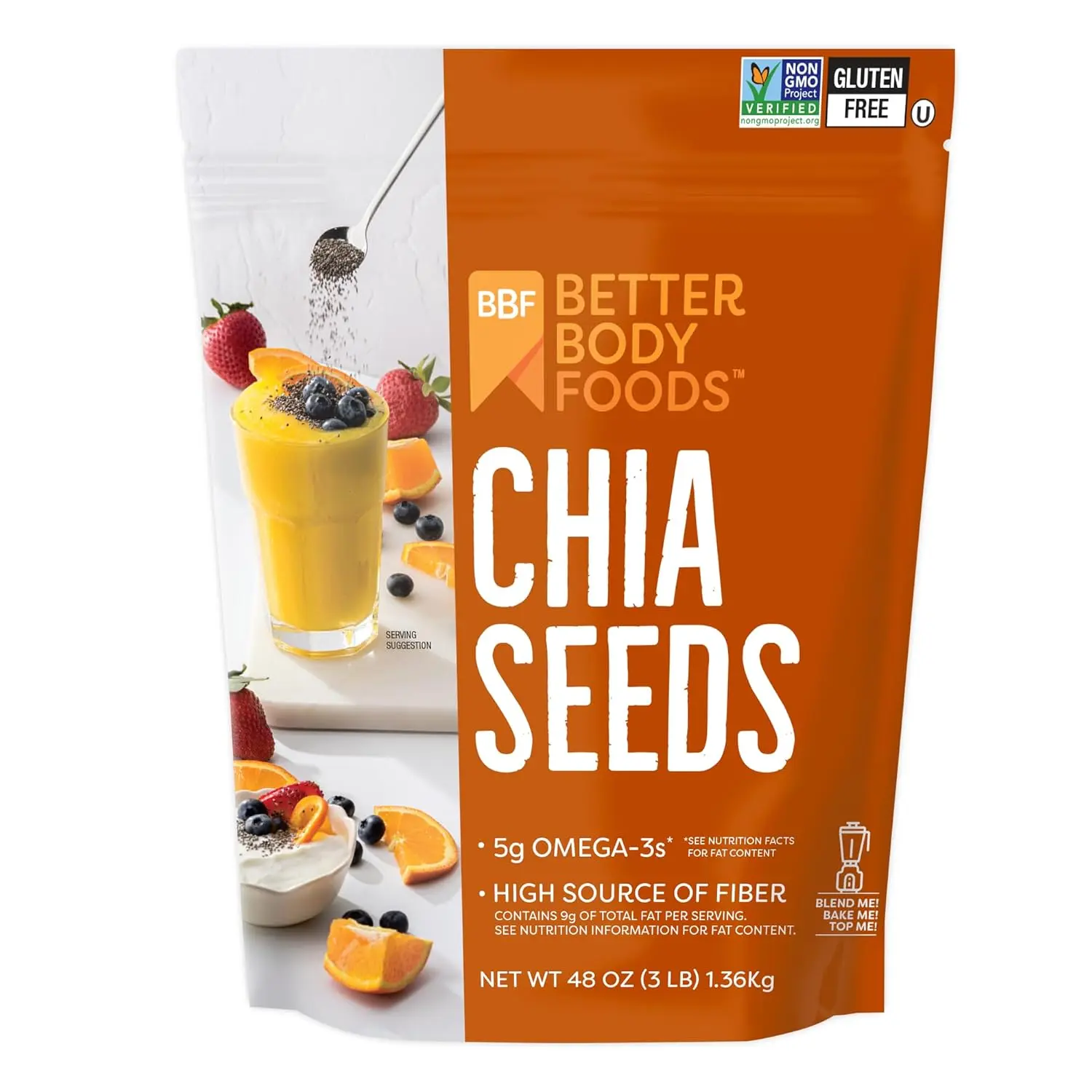 BetterBody Foods Chia Seeds 3 lbs, 48 Oz, with Omega-3, Non-GMO, Gluten Free, Keto Diet Friendly, Vegan, Good Source of Fiber, Add to Smoothies