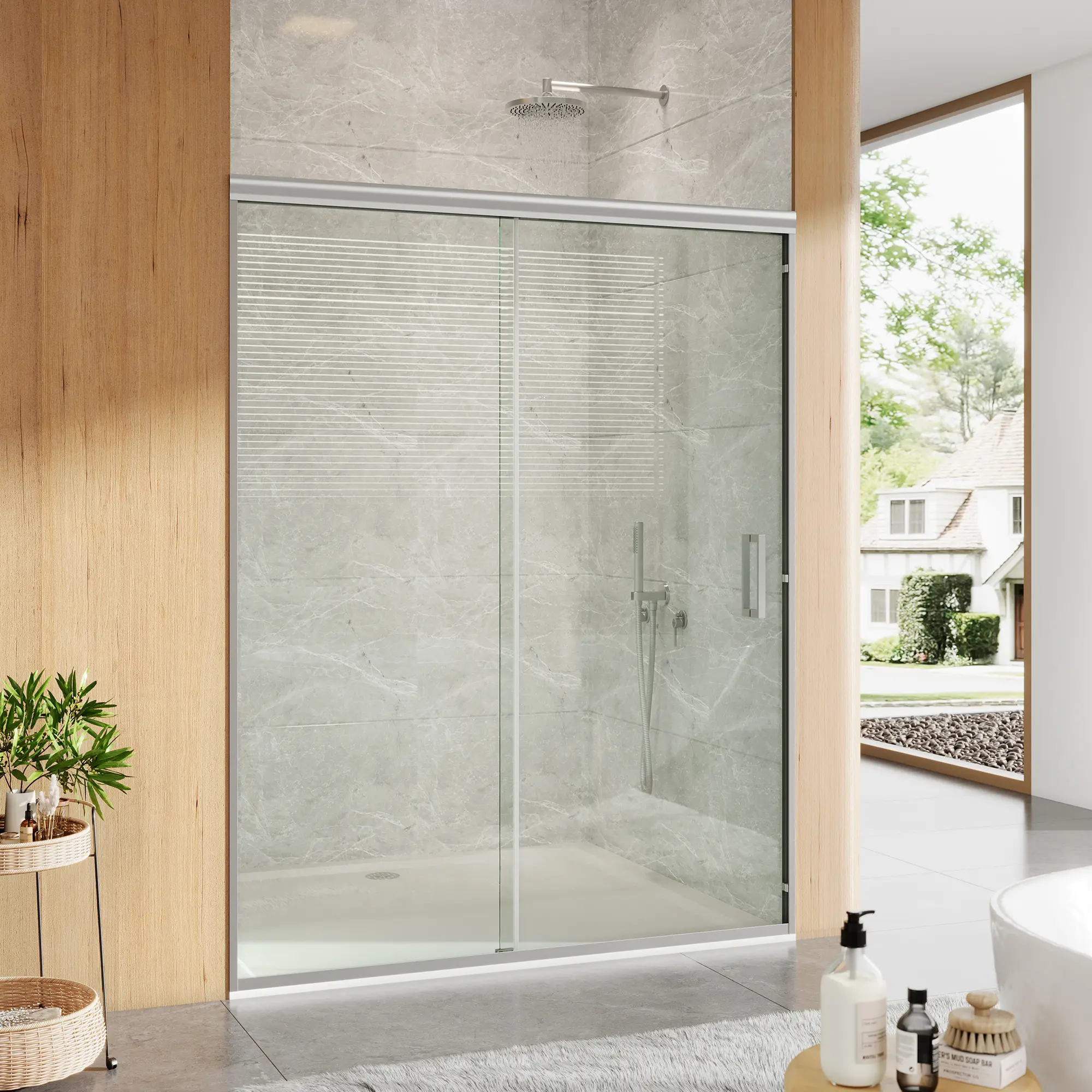 44-48" W x 72" H Semi-Frameless Double Sliding Shower Door, 15/64"(6mm) Clear Tempered Glass, Brushed Nickel Finish, Walk-in Bathroom Glass Shower Door