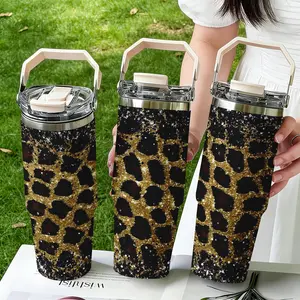 30oz Stainless Steel Handheld Water Bottle, Gold Leopard Print Design, Dual-Layer Vacuum Insulated Cold & Hot, Portable Travel Cup Gift, Vacuum Insulated Tumbler