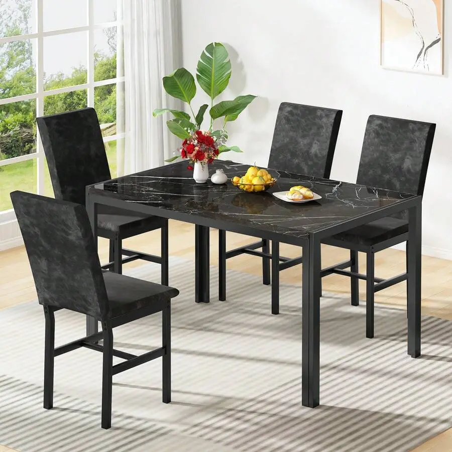5-Piece Faux Marble Rectangular Indoor Dining Table & Chair Set - Minimalist, Lightweight Contemporary Engineered Wood, Space-Saving Furniture with 4 Soft Sponge Chairs, Simple Setup for Adults, Dinner, Work