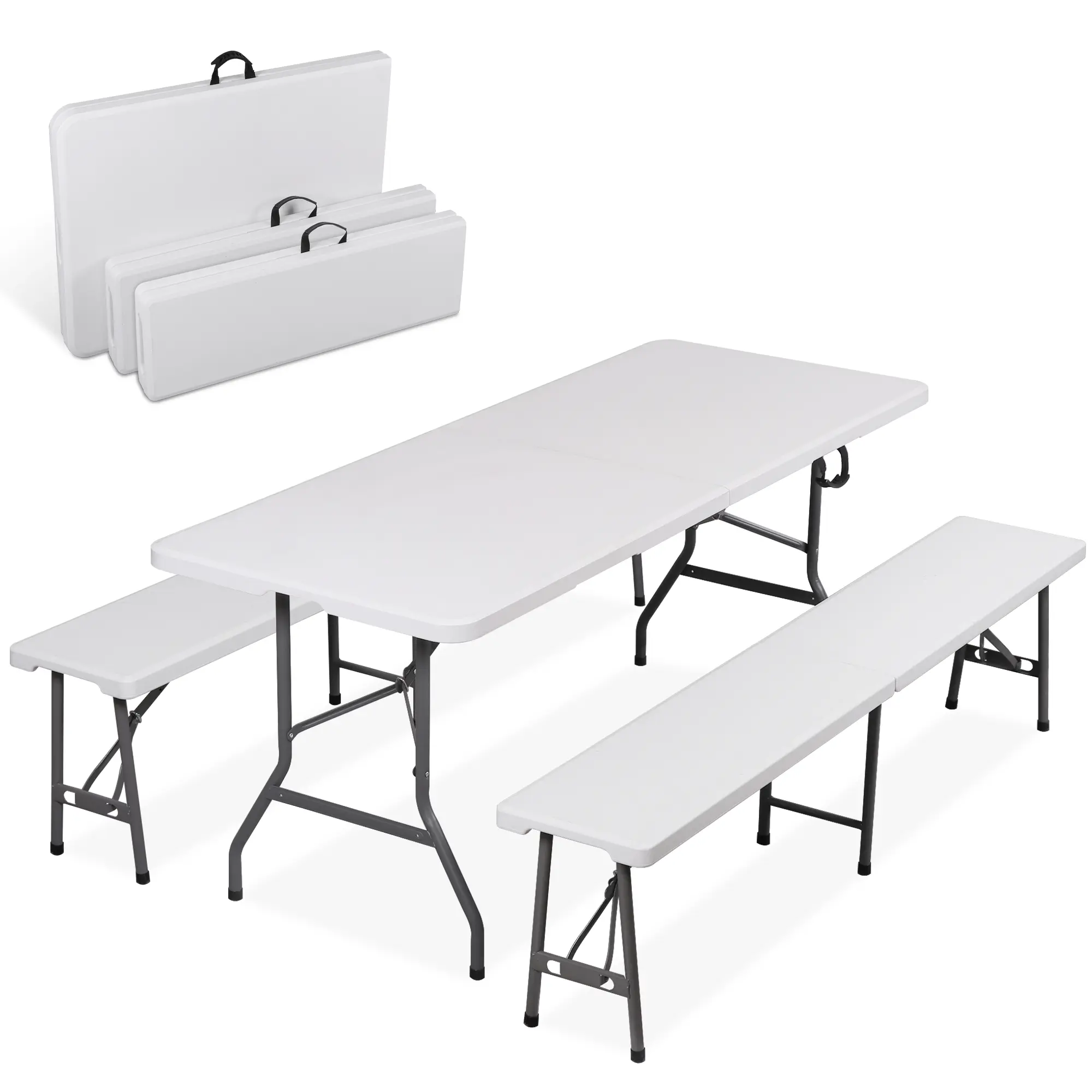 Segawe 3-Piece Lightweight Outdoor Table Set, 6ft Folding HDPE&Steel Fully Assembled Patio Furniture with 2 Benches & Handles for Indoor-Outdoor Use, White, Outdoor Patio Furniture,summerwins,home decor,camping essentials