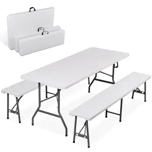 Segawe 6FT Portable Picnic Table Set W/2 Benches, 3-Piece Folding Camping Table Bench Set for Indoor Outdoor Use W/Handles, White