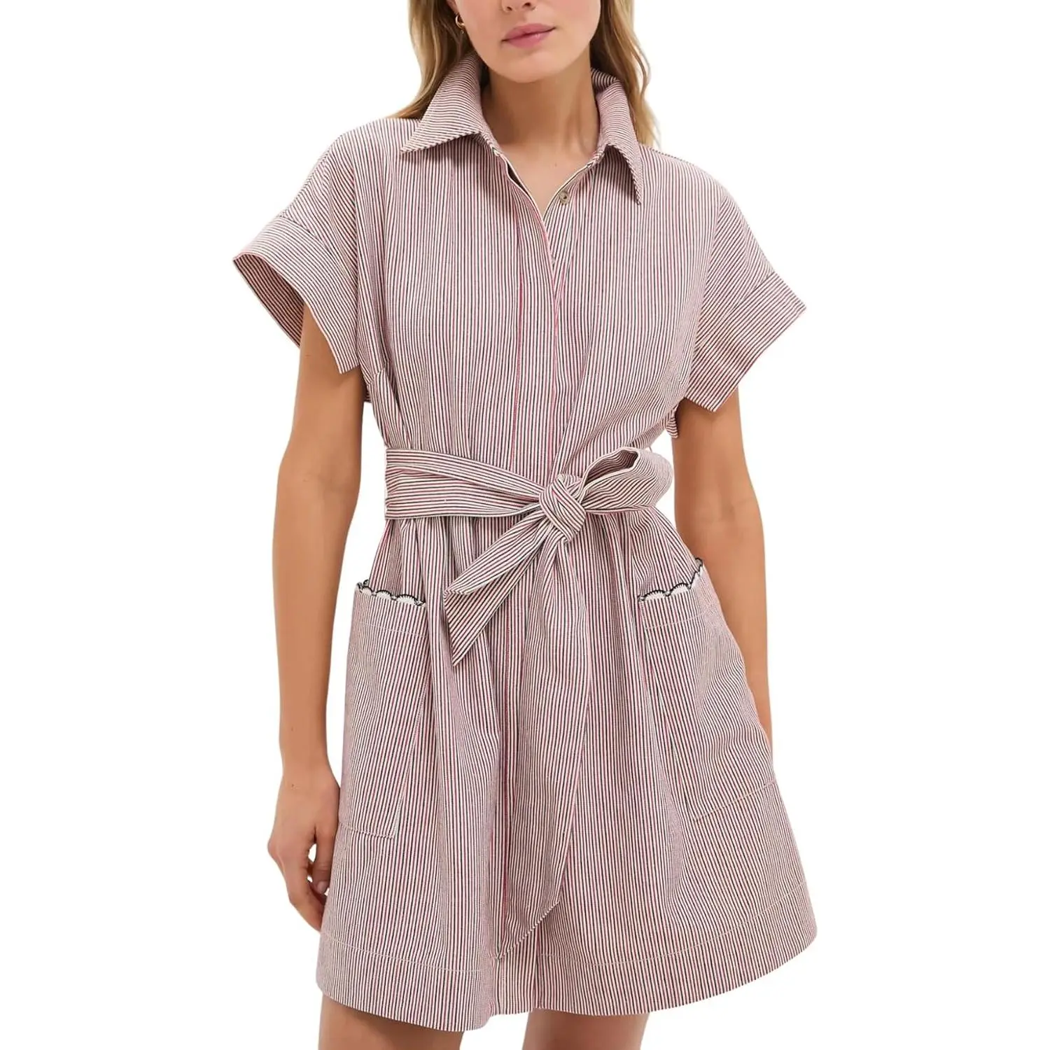 YEXPINE Women's Short Sleeve Striped Mini Shirt Dress Casual Summer Button Down Belted Tunic Dresses with Scalloped Pockets