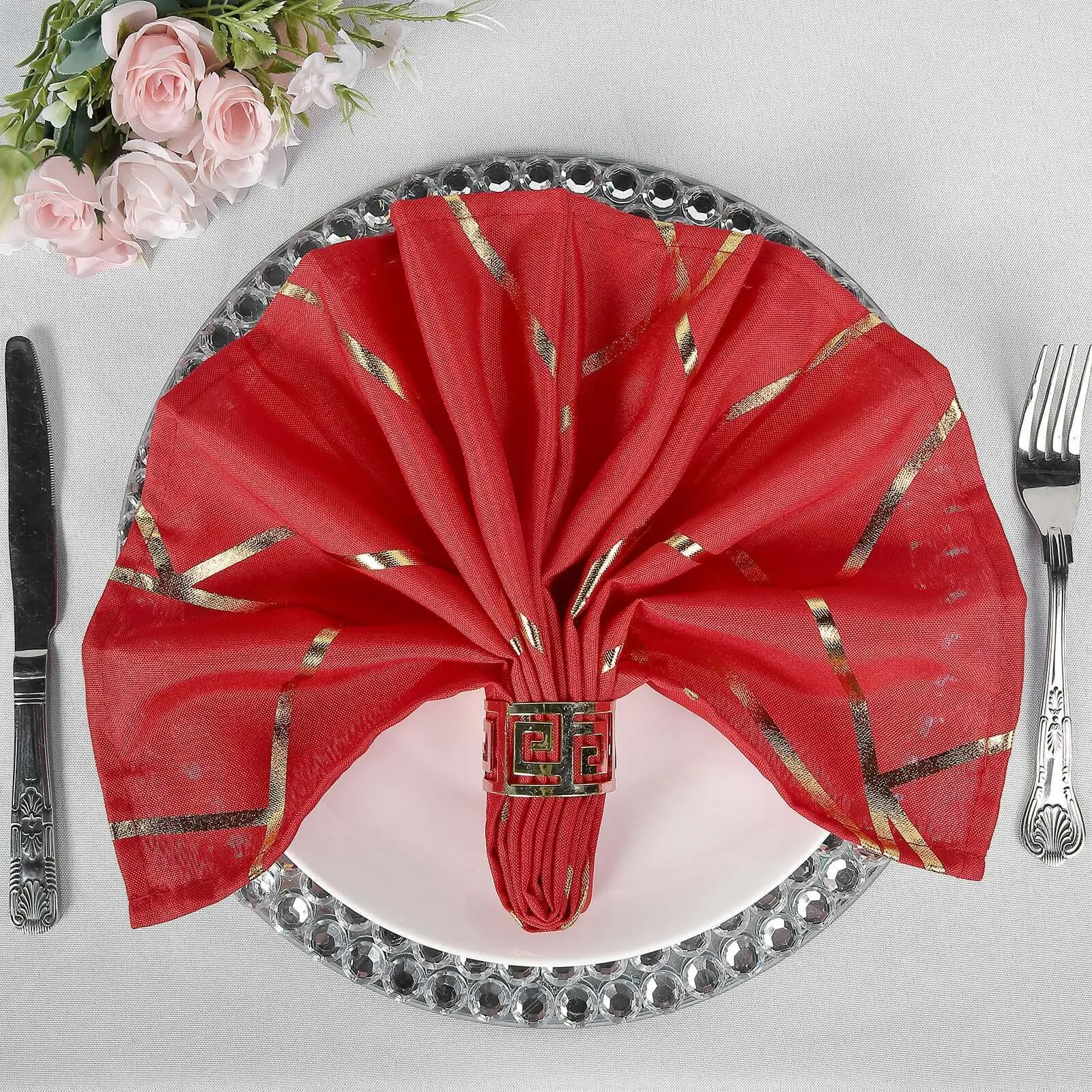 Glam Red with Gold Geometric Foil Pattern Polyester Cloth Napkins - 5-Pack 20"x20" Reusable Contemporary Tableware for Wedding, Restaurant Use