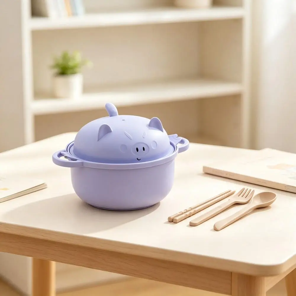 Multi-Purpose Drain Lid Wheat Straw Cooker Bowl, Eco Friendly Microwavable Tableware for Family Daily Use(Pig-Purple）