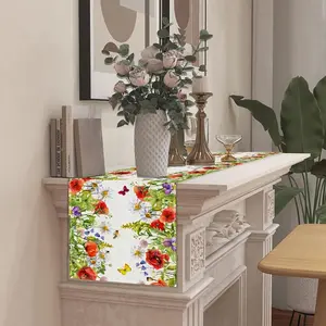 1pc, Linen Table Runner, Colorful Floral Butterfly Pattern Spring Theme Table Runner, Farmhouse Style Spring Decorations And Supplies For Home, Dining Table Decor