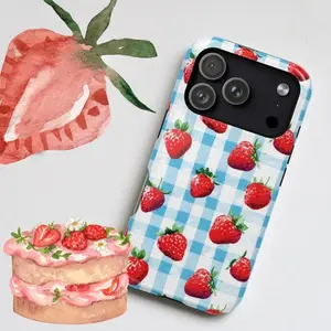 Kawaii Strawberry Gingham Print Picnic Smartphone Case, Cellphone Handheld Accessories Shell Compatible with iPhone 11,12,13,14,15,16,17 Pro Max Air Plus