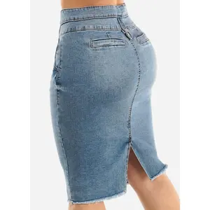 Light Push Up Denim Fringe Hem Pencil Skirt