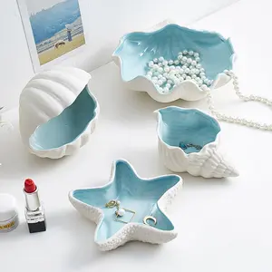 Ceramic Shell & Starfish Decorative Tray, Pentagon Shaped Desktop Organizer, Ocean-Themed Home Accessories, Multiple Closure Options,Jewelry Tray Earring Rack Jewelry Tray Earrings Necklace Bracelet Jewelry Storage Box Back Made of Simulated Shell
