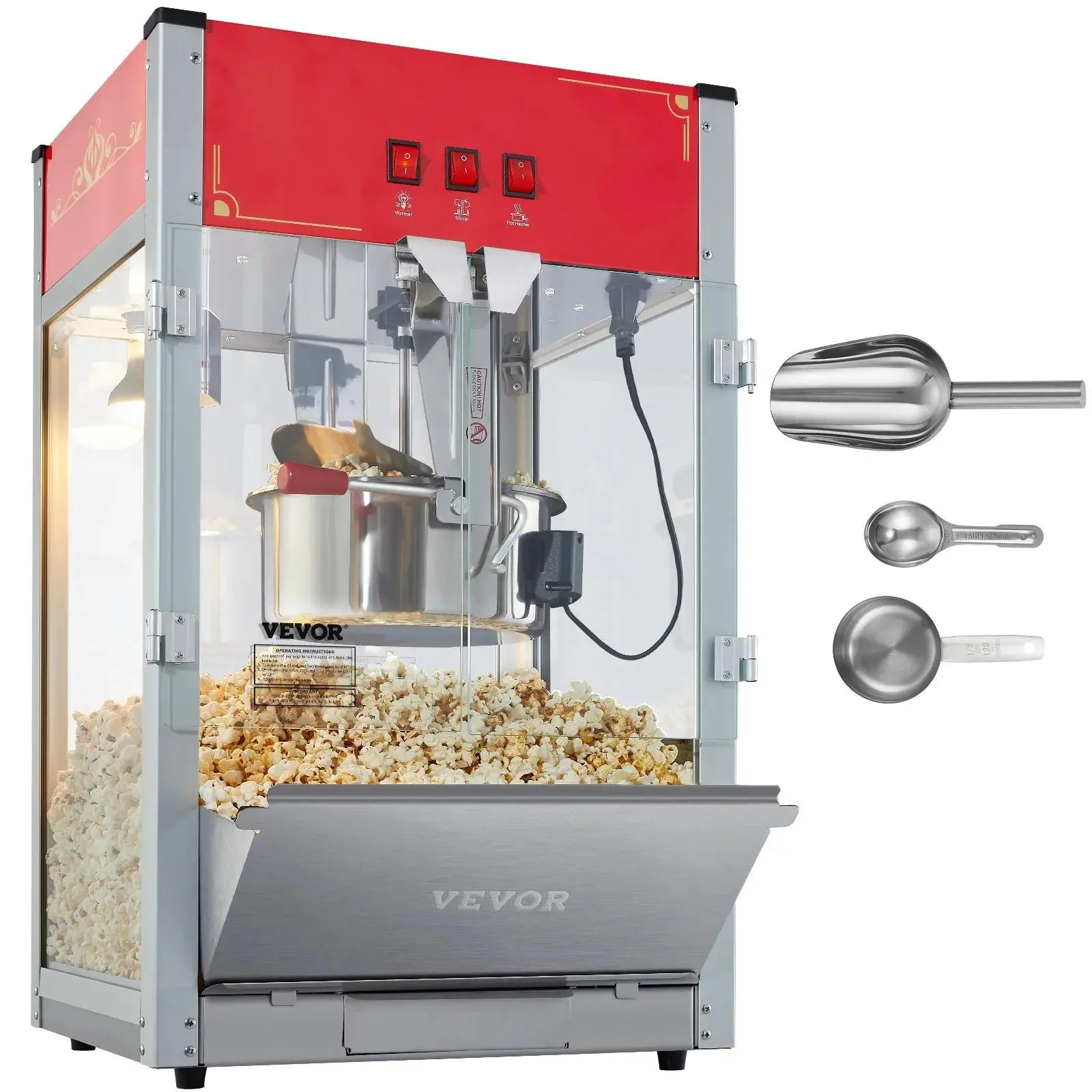【Summerfinds】VEVOR Popcorn Maker,  1440W Popcorn Popper Machine, 12 Oz Kettle Makes 80 Cups per Batch, Countertop Popcorn Maker with Tempered Glass, 3 Stainless Steel Scoops, Movie Theater Style, Red