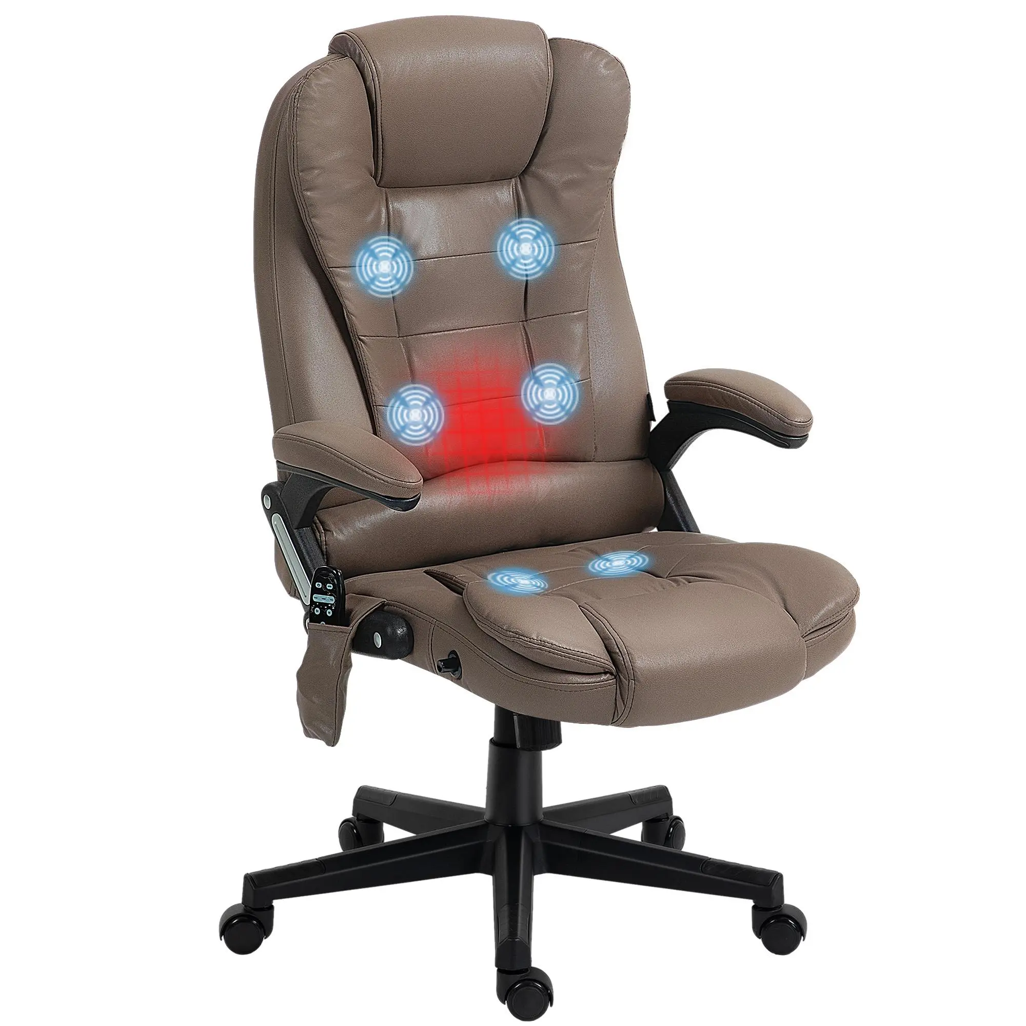 HOMCOM Ergonomic 6-Point Vibrating Massage Office Chair with Heat, Height-Adjustable Microfiber High-Back Executive Chair, Reclining Backrest, Padded Armrests and Remote, Dark Brown, Height Adjustable Chair, Ergonomic Chair