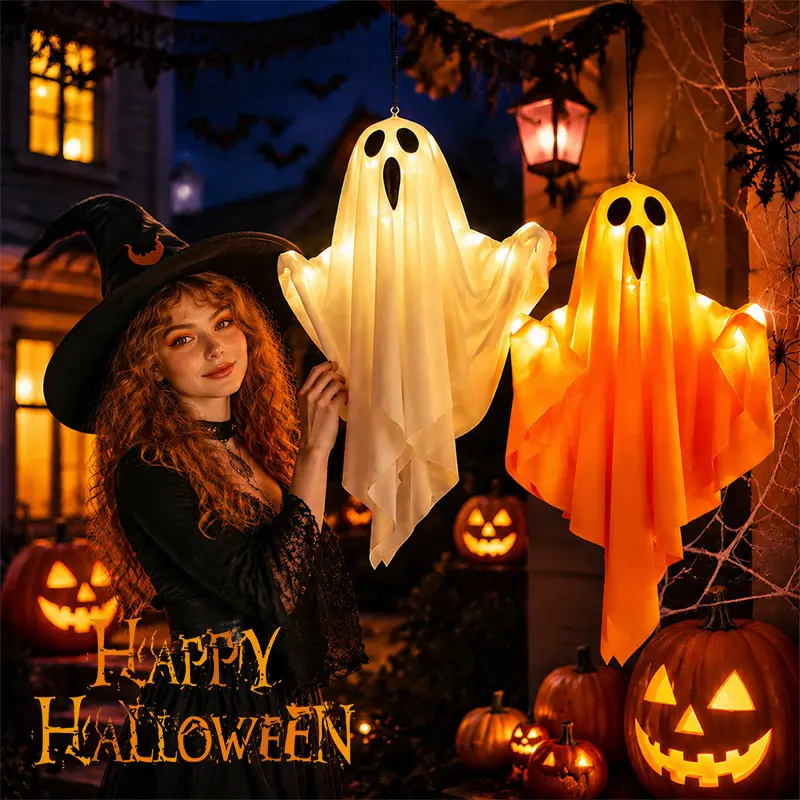 2pack-Halloween Glowing Swing Ghost Outdoor Hanging Ornament, Cute Floating Ghost Decor,  3 Light Modes, Garden Halloween Setup