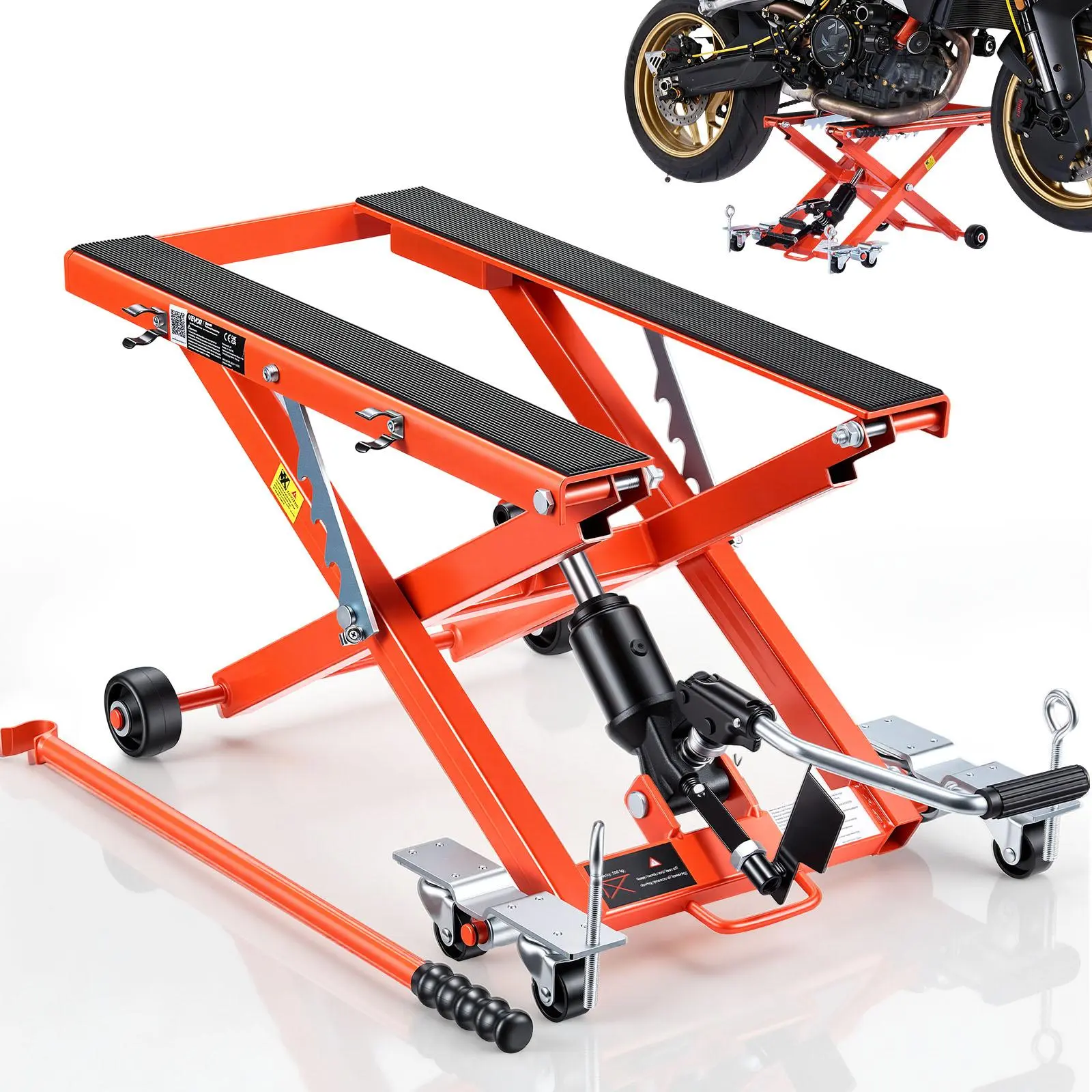 【BackToSchool】VEVOR Steel Frame Hydraulic Motorcycle Scissor Lift Jack, 1100 lbs Capacity, 6-Wheel Design, Foot-Pedal Lift Pump, Portable, Adjustable Height (4.72"-15.15"), Easy Lowering, Extended Non-Slip Platform, Compact Storage for Dirt Bikes, Hydraul